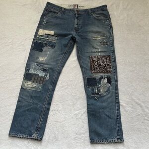 Y2K Mens Upcycled Patchwork Thrashed Streetwear Classic‎ Straight Jeans 34x32